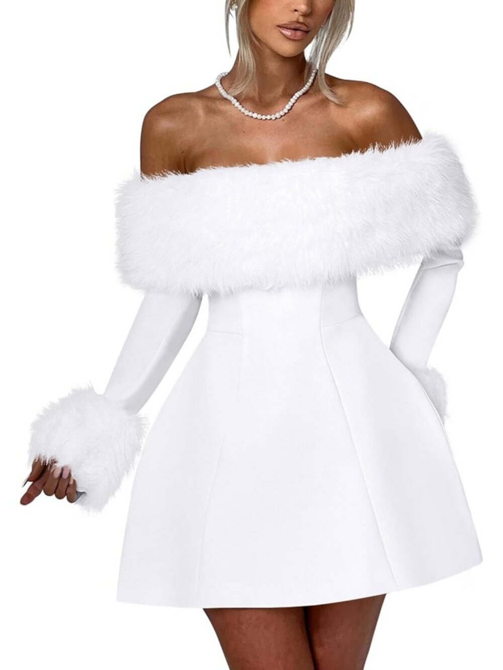 Chic Off Shoulder Long Sleeve Mini Dress with Fur Trim for Parties & Events